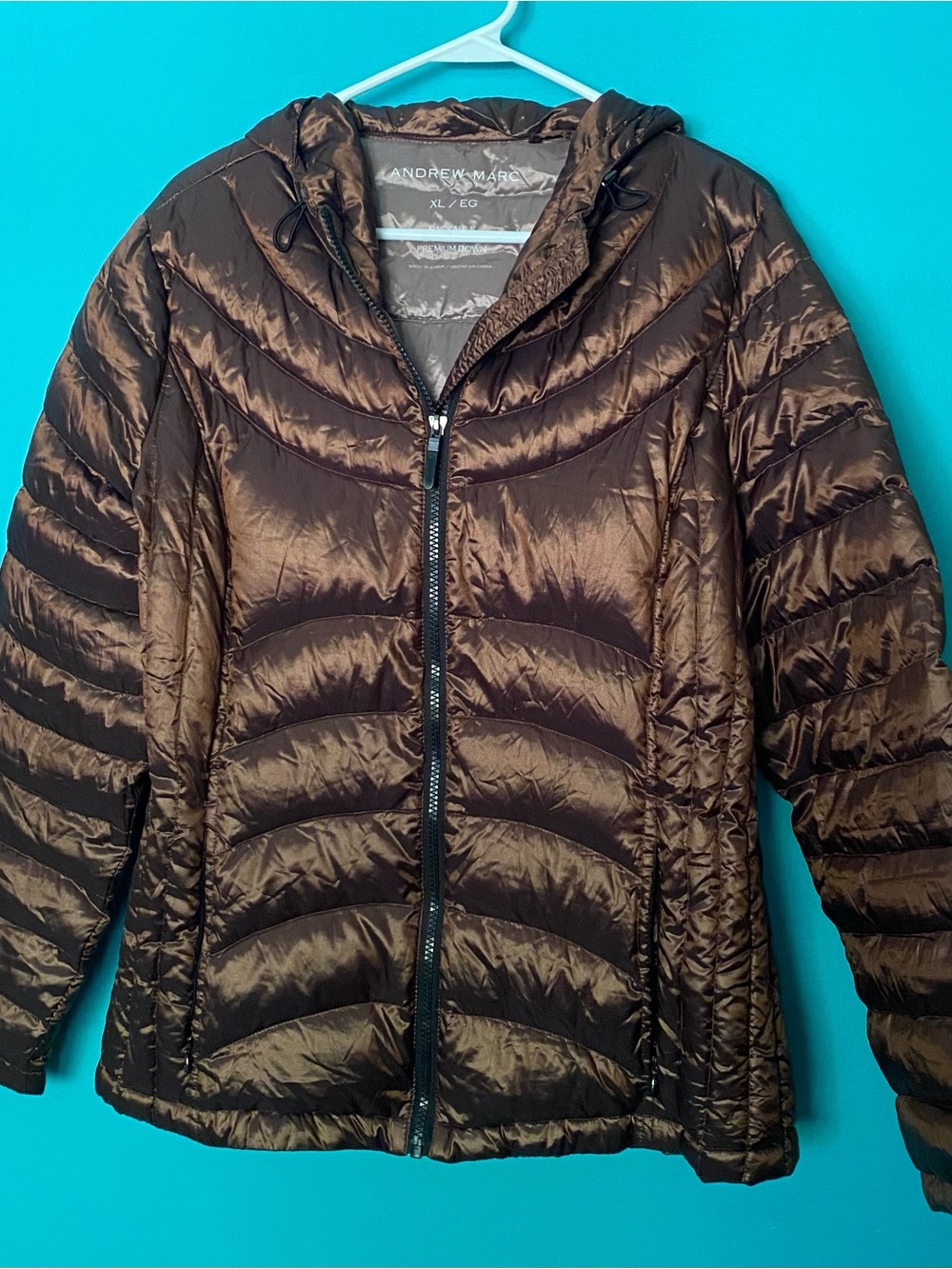 Andrew Marc Hooded Packable Lightweight Puffer Jacket Copper Brown XL